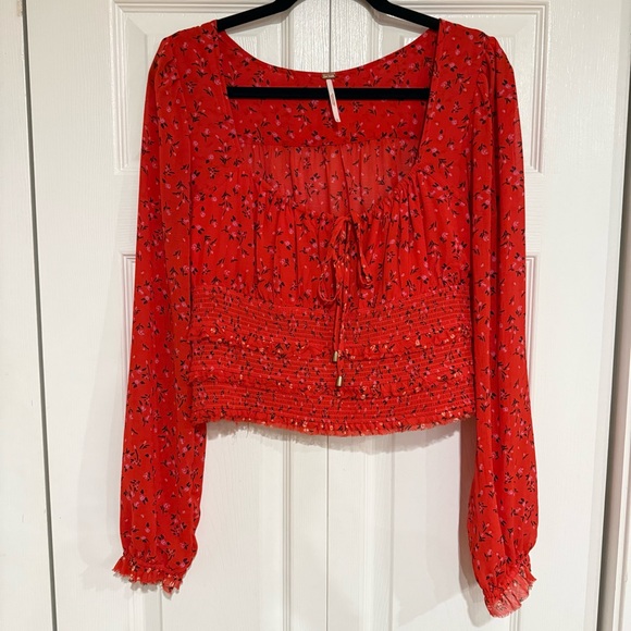 Free People Lolita Red Floral Print Ruffled Top - Size Large - Picture 6 of 14